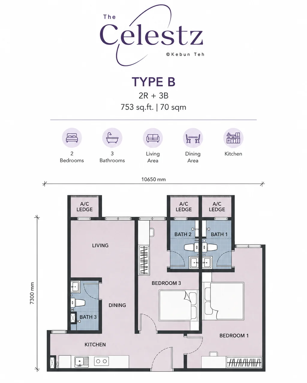 Type B 2 bedroom 753 sqft floor plan