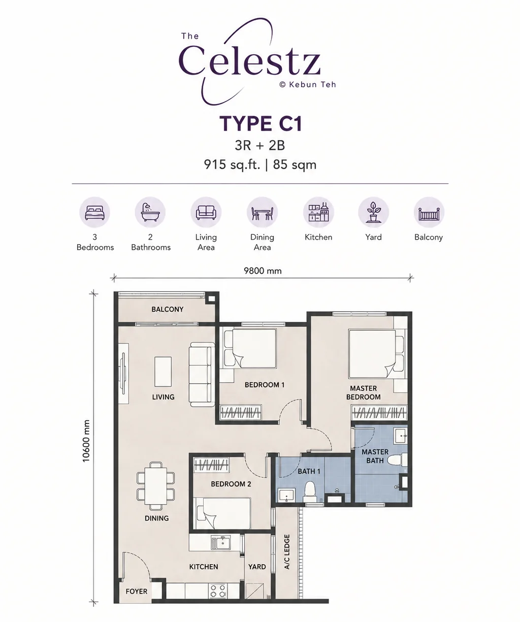 Type C1 3 bedroom 915 sqft with balcony floor plan