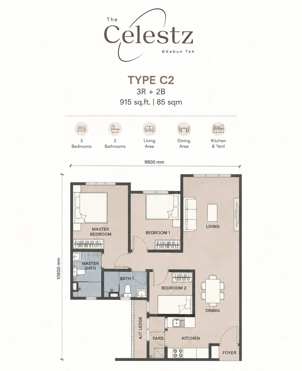 Type C2 3 bedroom 915 sqft floor plan