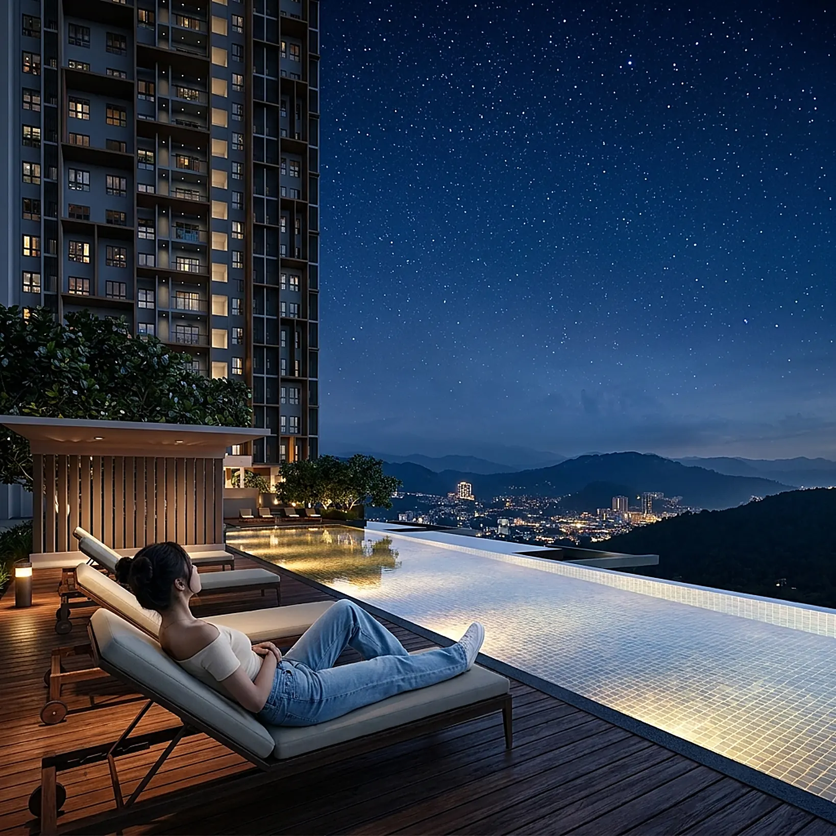 The Celestz starlight sky pool overlooking Johor Bahru at dusk